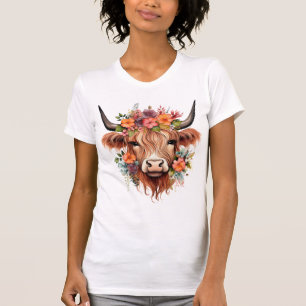 Boho Floral Scottish Highland Cow Western Flowers T-Shirt
