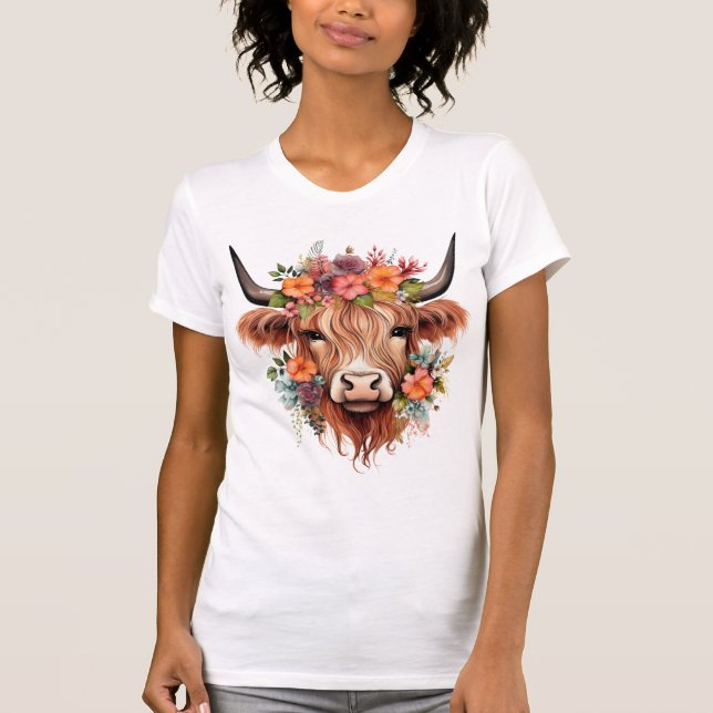 Boho Floral Scottish Highland Cow Western Flowers T-Shirt (Front)