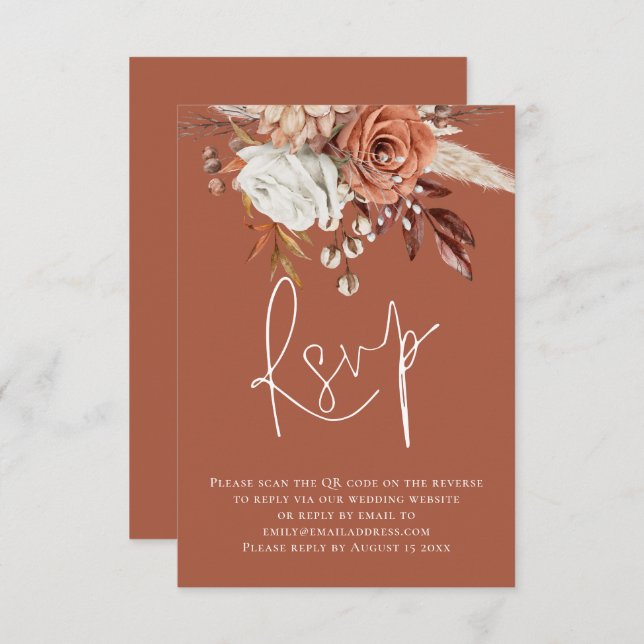 Boho Floral Script QR Code Terracotta Wedding RSVP (Front/Back)