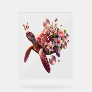 Boho Floral Sea Turtle, Pink Blossom Acrylic Sign