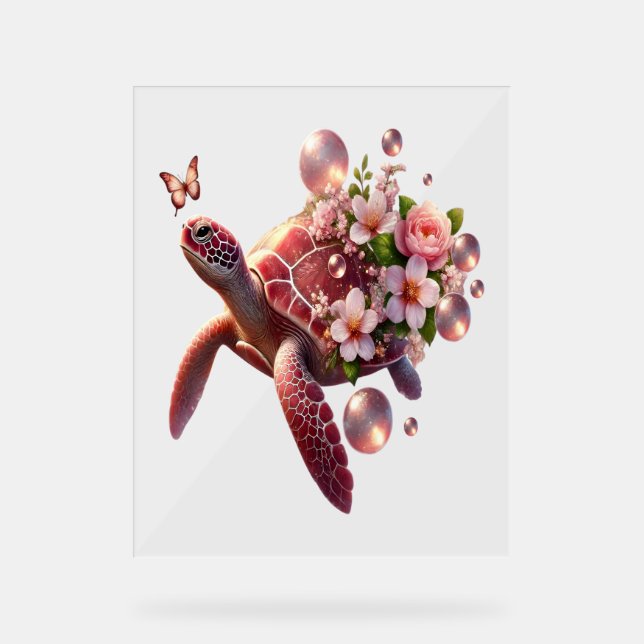 Boho Floral Sea Turtle, Pink Blossom Acrylic Sign (Front)