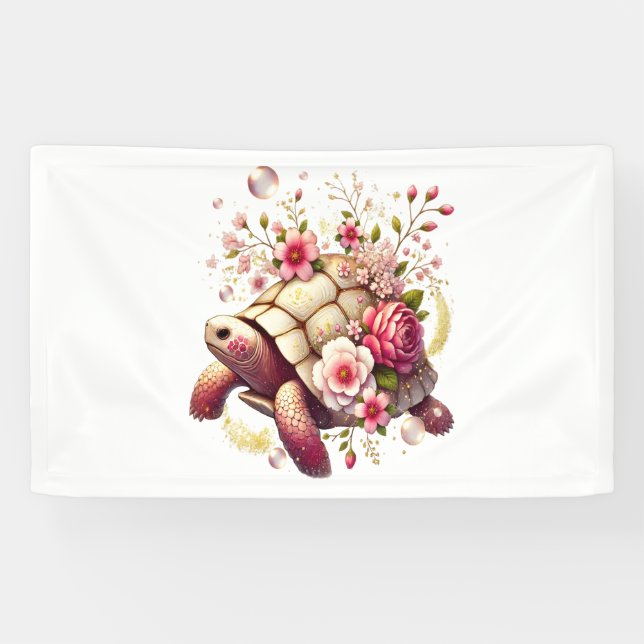 Boho Floral Sea Turtle Pink Blossom Banner (Horizontal)