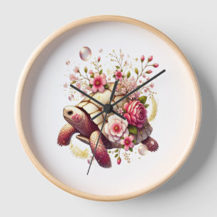 Boho Floral Sea Turtle Pink Blossom Clock