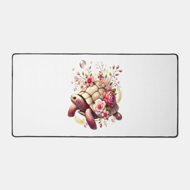 Boho Floral Sea Turtle Pink Blossom Desk Mat (Front)