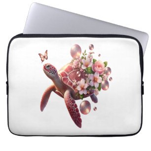 Boho Floral Sea Turtle, Pink Blossom Laptop Sleeve