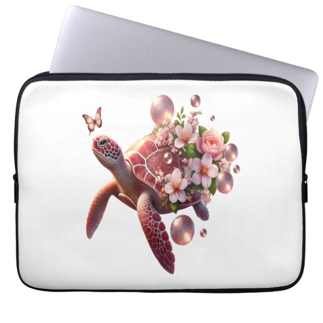 Boho Floral Sea Turtle, Pink Blossom Laptop Sleeve (Front)