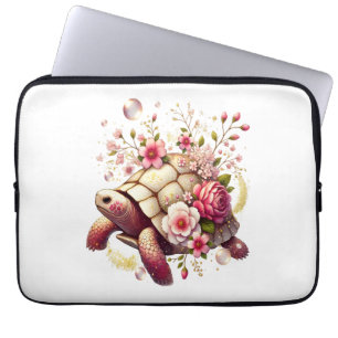 Boho Floral Sea Turtle Pink Blossom Laptop Sleeve