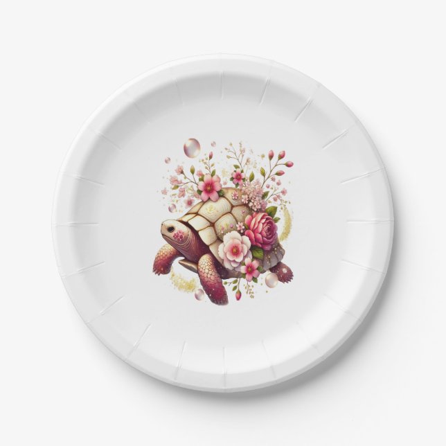 Boho Floral Sea Turtle Pink Blossom Paper Plate (Front)