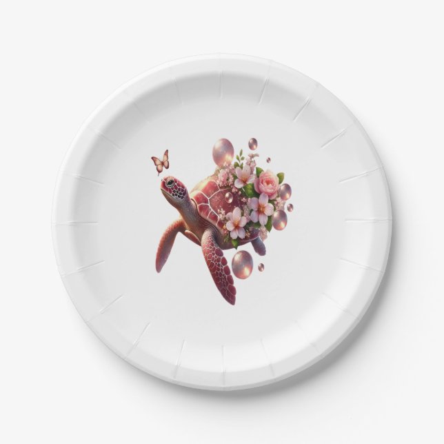 Boho Floral Sea Turtle, Pink Blossom Paper Plate (Front)