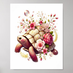 Boho Floral Sea Turtle Pink Blossom Poster