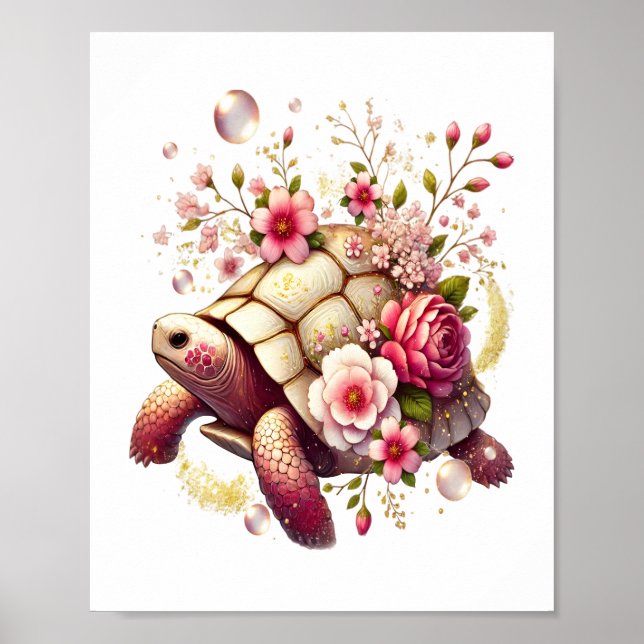 Boho Floral Sea Turtle Pink Blossom Poster (Front)
