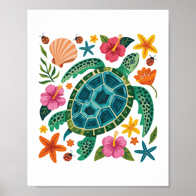 Boho Floral Sea Turtle Poster (Front)