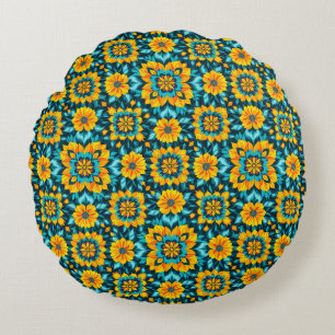 Boho Floral Seamless Pattern in Vibrant Folk Style Round Cushion
