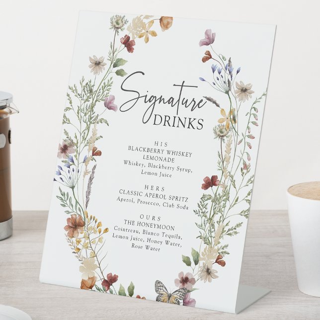 Boho Floral Signature Drinks Pedestal Sign (White Boho Floral Signature Drinks Pedestal Sign by Painted Paperie
)