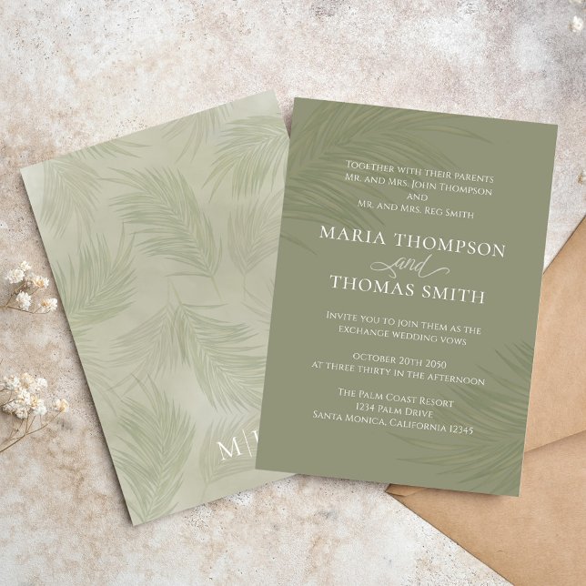 Boho Floral Simple Watercolor Green Palm Leaves Invitation (Elegant Boho tropical palm leaves wedding invitation. )