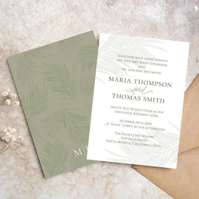 Boho Floral Simple Watercolor Green Palm Leaves Invitation (Elegant Boho tropical palm leaves wedding invitation. )