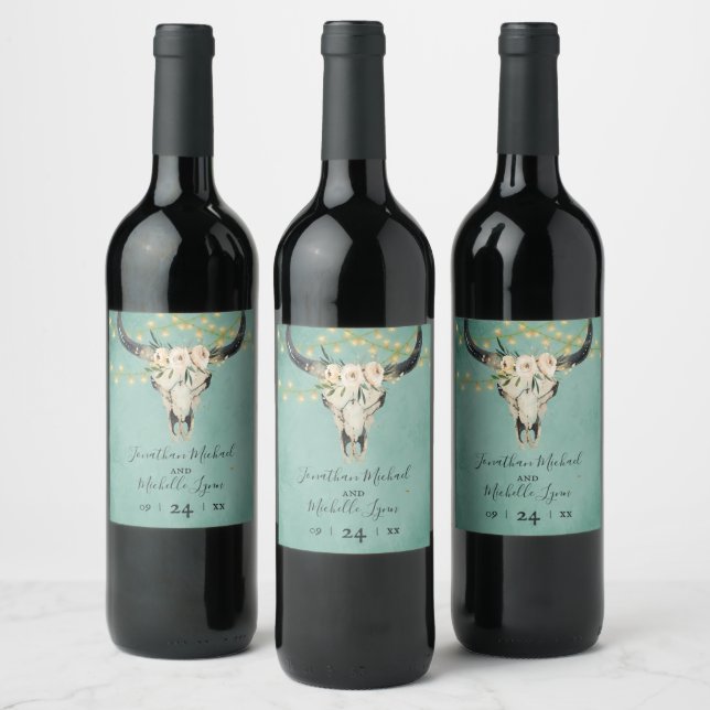 Boho Floral Skull, String Lights Turquoise Wedding Wine Label (Bottles)