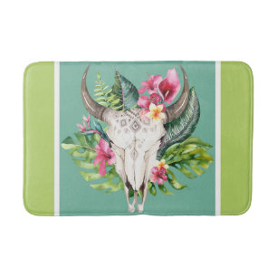 Boho Floral Skull Teal & Green Bright Colourful Bath Mat