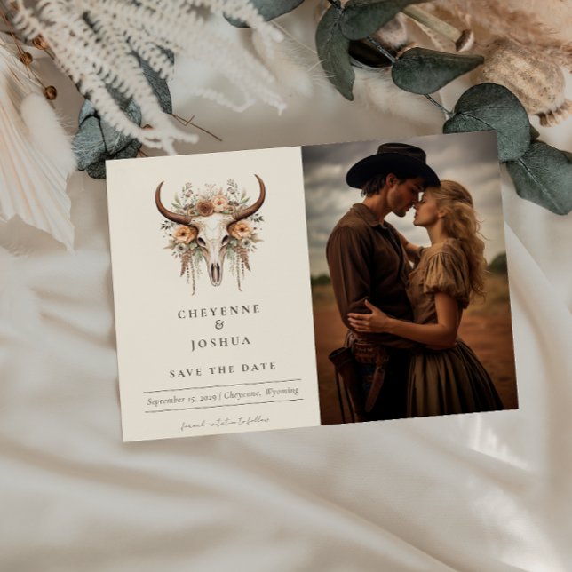 Boho Floral Skull Western Wedding Save the Date  Postcard (Creator Uploaded)