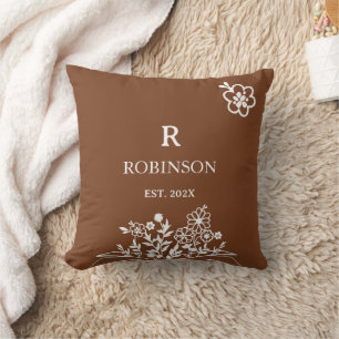 Boho Floral Soft Burnt Orange Monogram Cushion