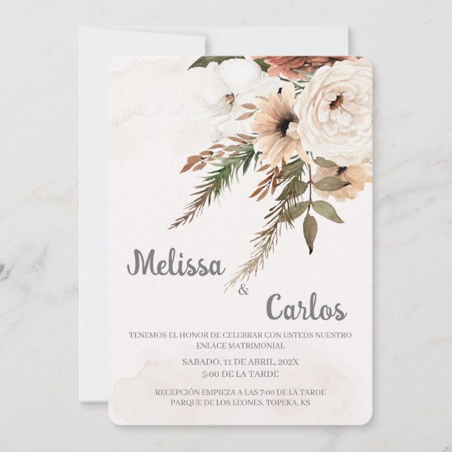 Boho floral Spanish Wedding Invitation (Front)