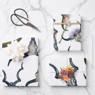 Boho Floral Stag Horn Pattern Wrapping Paper Sheet