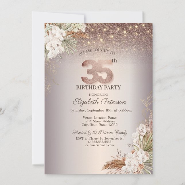 Boho Floral,String Lights Glitter 35th Birthday Invitation (Front)