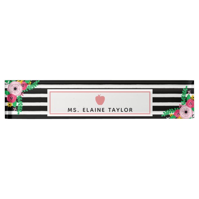 Boho Floral Stripes Pink Apple Teacher Nameplate (Front)