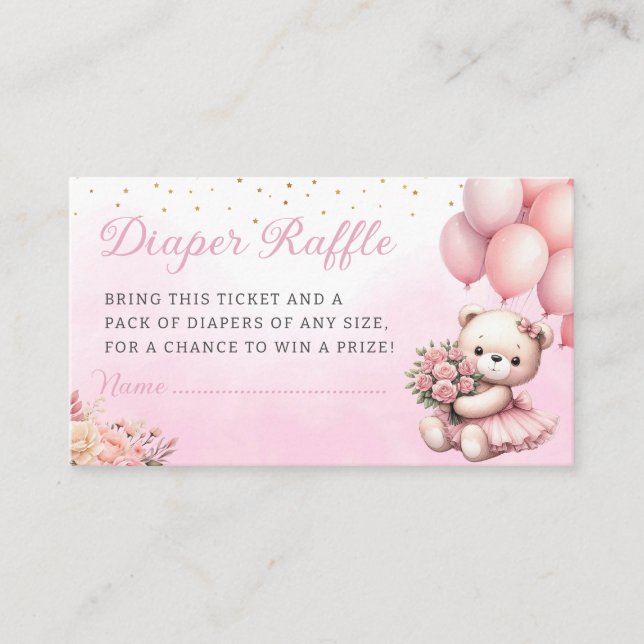 Boho Floral teddy bear Diaper Raffle Baby Shower Enclosure Card (Front)