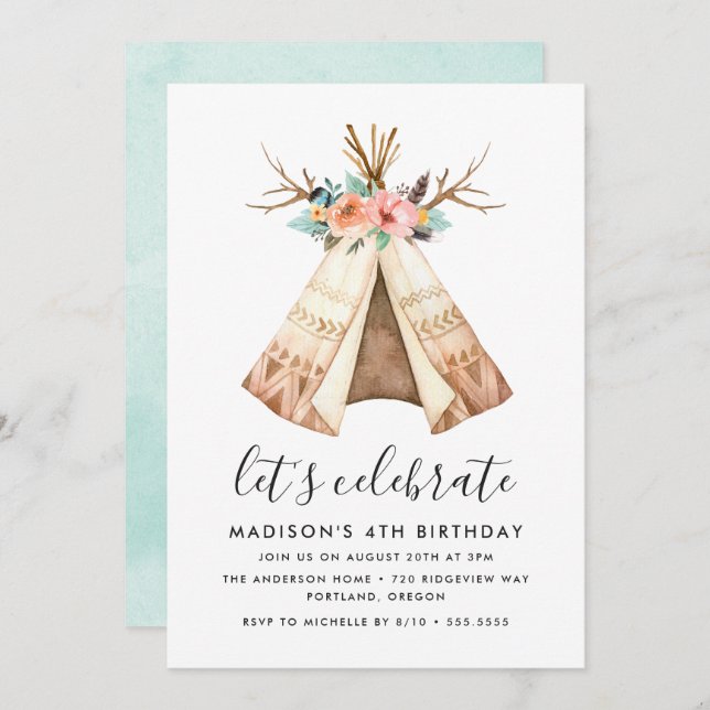 Boho Floral Teepee | Birthday Party Invitation (Front/Back)
