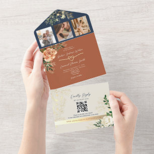 Boho Floral Terracotta and Navy Blue Wedding All In One Invitation