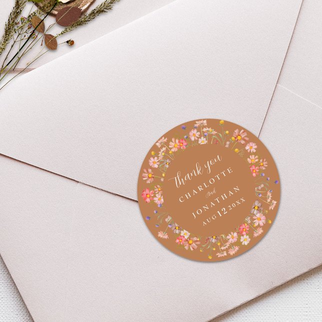 Boho Floral Terracotta Fall Wedding Thank You Classic Round Sticker (Terracotta brown boho rustic floral fall wedding thank you custom sticker watercolor wildflowers )