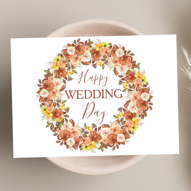 Boho Floral Terracotta Wreath Happy Wedding Day Card (Creator Uploaded)