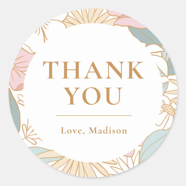 Boho Floral Thank You Bridal Shower Classic Round Sticker (Front)