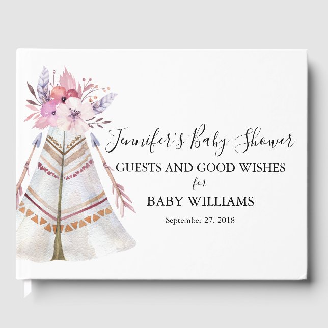 Boho Floral Tribal Teepee Baby Shower Guest Book (Front)
