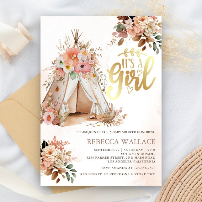 Boho Floral Tribal Teepee Girl Baby Shower Invitation (Creator Uploaded)