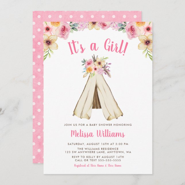 Boho Floral Tribal Teepee Girl Baby Shower Invite (Front/Back)