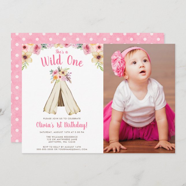 Boho Floral Tribal Teepee Wild One Birthday Photo Invitation (Front/Back)