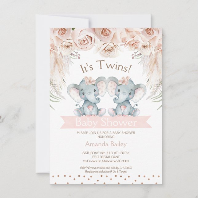 Boho Floral Twin Elephant Baby Shower Invitation (Front)