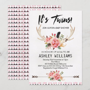 Boho Floral Twin Girls Baby Shower Invitation