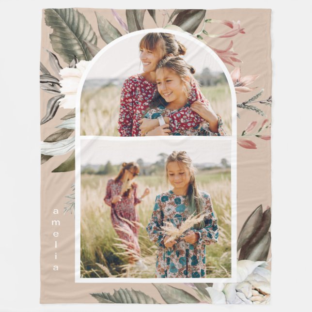 Boho Floral Two Photo Arch Personalised Fleece Blanket (Front)