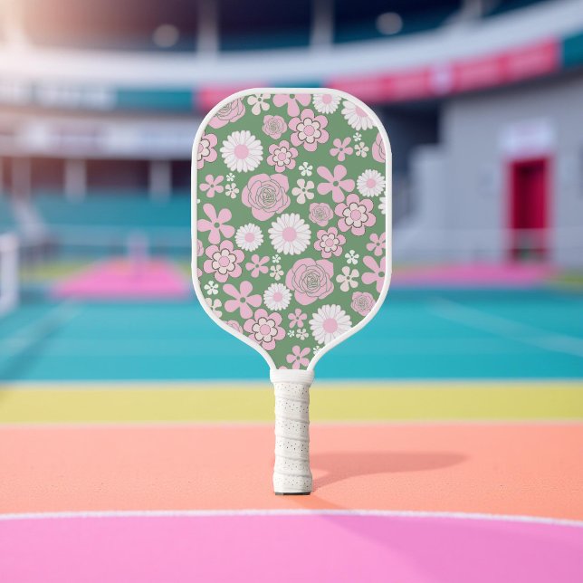 Boho Floral Vibrant Green & Pink Botanical Flowers Pickleball Paddle (Creator Uploaded)