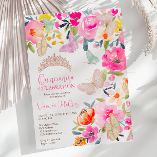 Boho floral watercolor butterflies quinceanera invitation