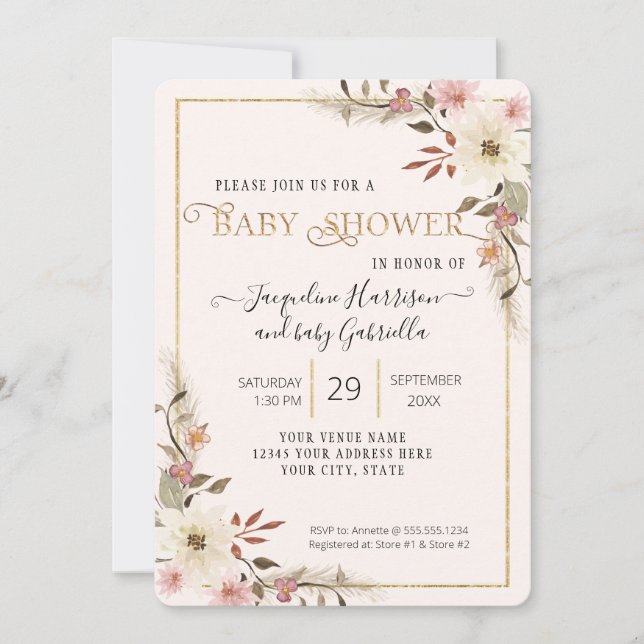 BOHO Floral Watercolor Elegant Baby Shower Photo Invitation (Front)