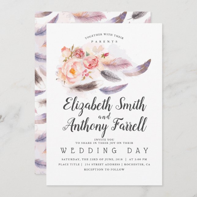 Boho Floral Watercolor Feathers Wedding Invitation (Front/Back)