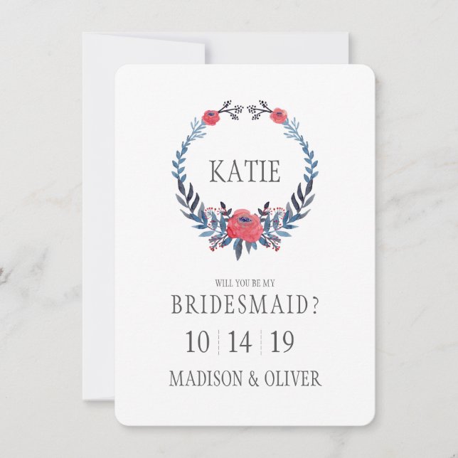 Boho Floral Watercolor Red Roses | Bridesmaid Invitation (Front)