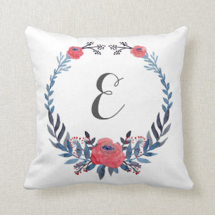 Boho Floral Watercolor Red Roses   Monogram Cushion