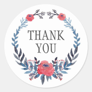 Boho Floral Watercolor Red Roses Thank You Classic Round Sticker