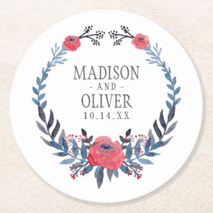 Boho Floral Watercolor Red Roses   Wedding Round Paper Coaster