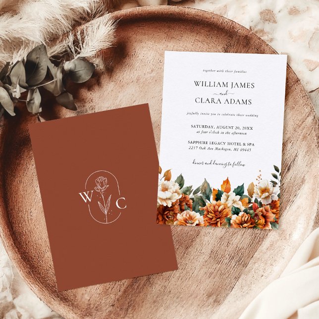 Boho Floral Watercolor Terracotta Monogram Wedding Invitation (Creator Uploaded)